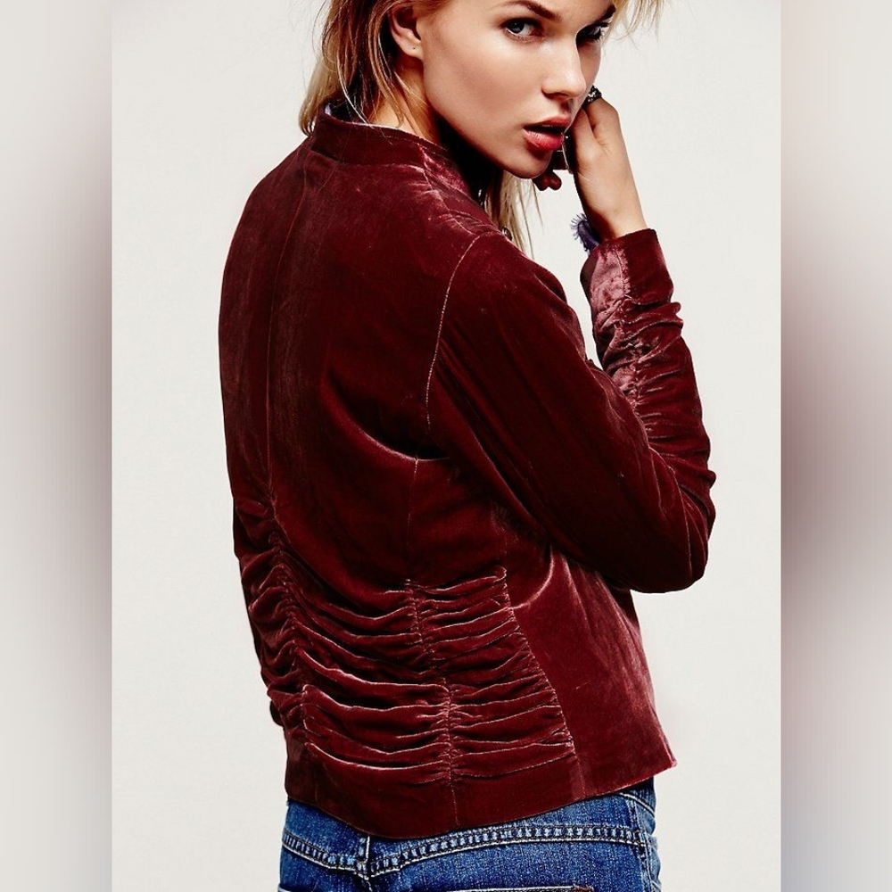 Free People Drippy Crushed Burnout Velvet Military Jacket Blazer Burgundy XS - Picture 5 of 16